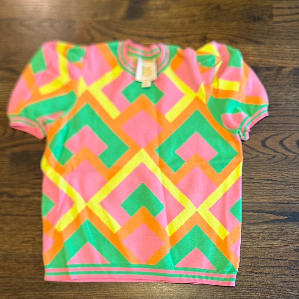 Colorful Geometric Short Sleeve Knit Top - Pink/Green/Yellow